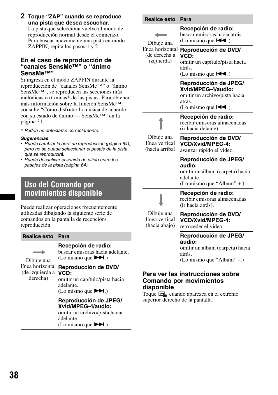 Uso del comando por movimientos disponible | Sony XNV-770BT User Manual | Page 194 / 240