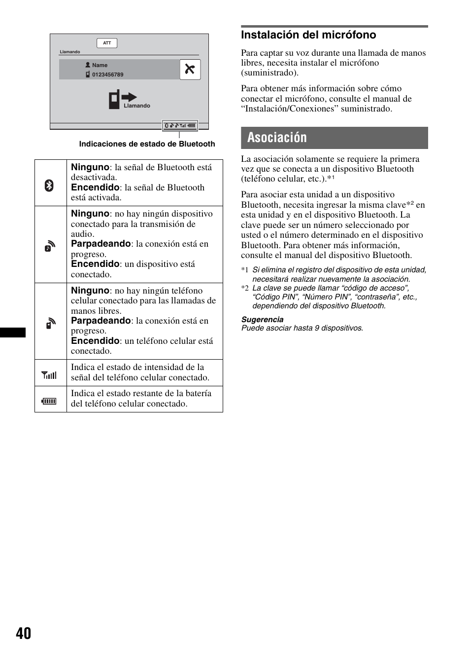 Instalación del micrófono, Asociación | Sony XNV-770BT User Manual | Page 196 / 240