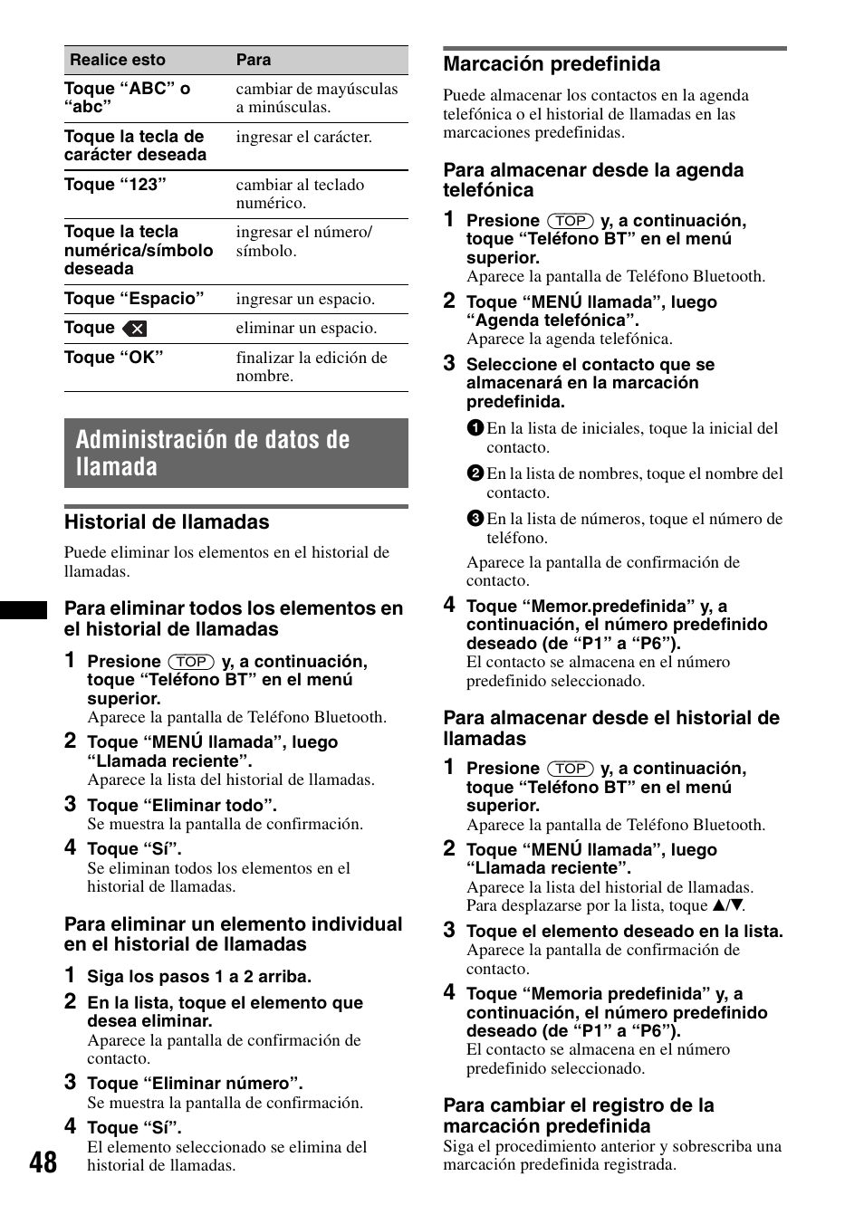 Administración de datos de llamada, Historial de llamadas, Marcación predefinida | Historial de llamadas marcación predefinida | Sony XNV-770BT User Manual | Page 204 / 240