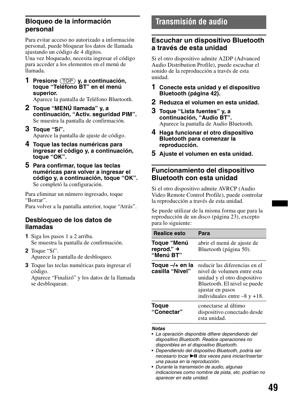 Bloqueo de la información personal, Transmisión de audio | Sony XNV-770BT User Manual | Page 205 / 240