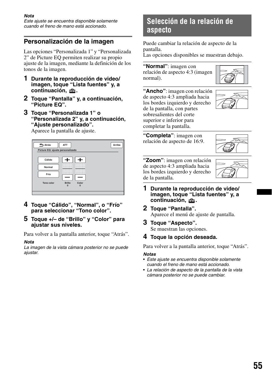 Personalización de la imagen, Selección de la relación de aspecto | Sony XNV-770BT User Manual | Page 211 / 240