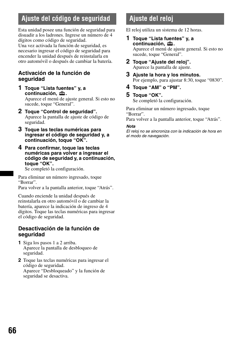 Ajuste del código de seguridad, Ajuste del reloj | Sony XNV-770BT User Manual | Page 222 / 240