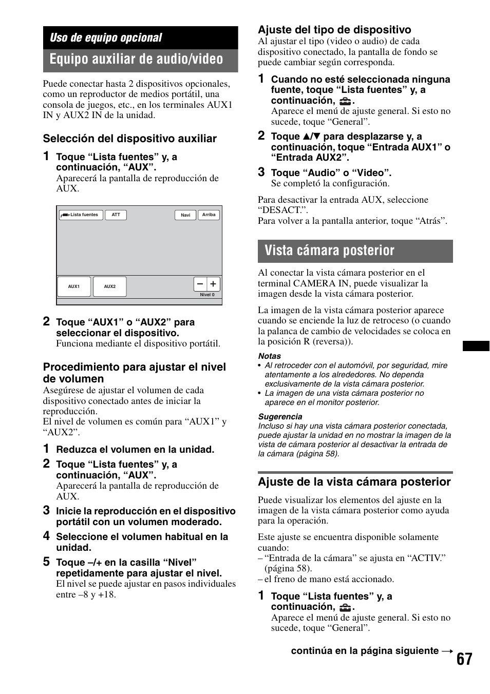 Uso de equipo opcional, Equipo auxiliar de audio/video, Vista cámara posterior | Ajuste de la vista cámara posterior | Sony XNV-770BT User Manual | Page 223 / 240