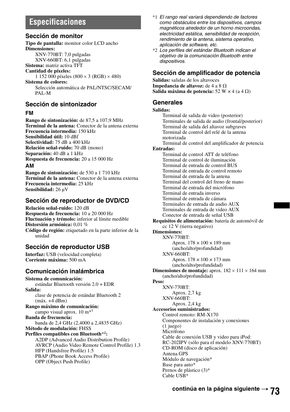 Especificaciones | Sony XNV-770BT User Manual | Page 229 / 240