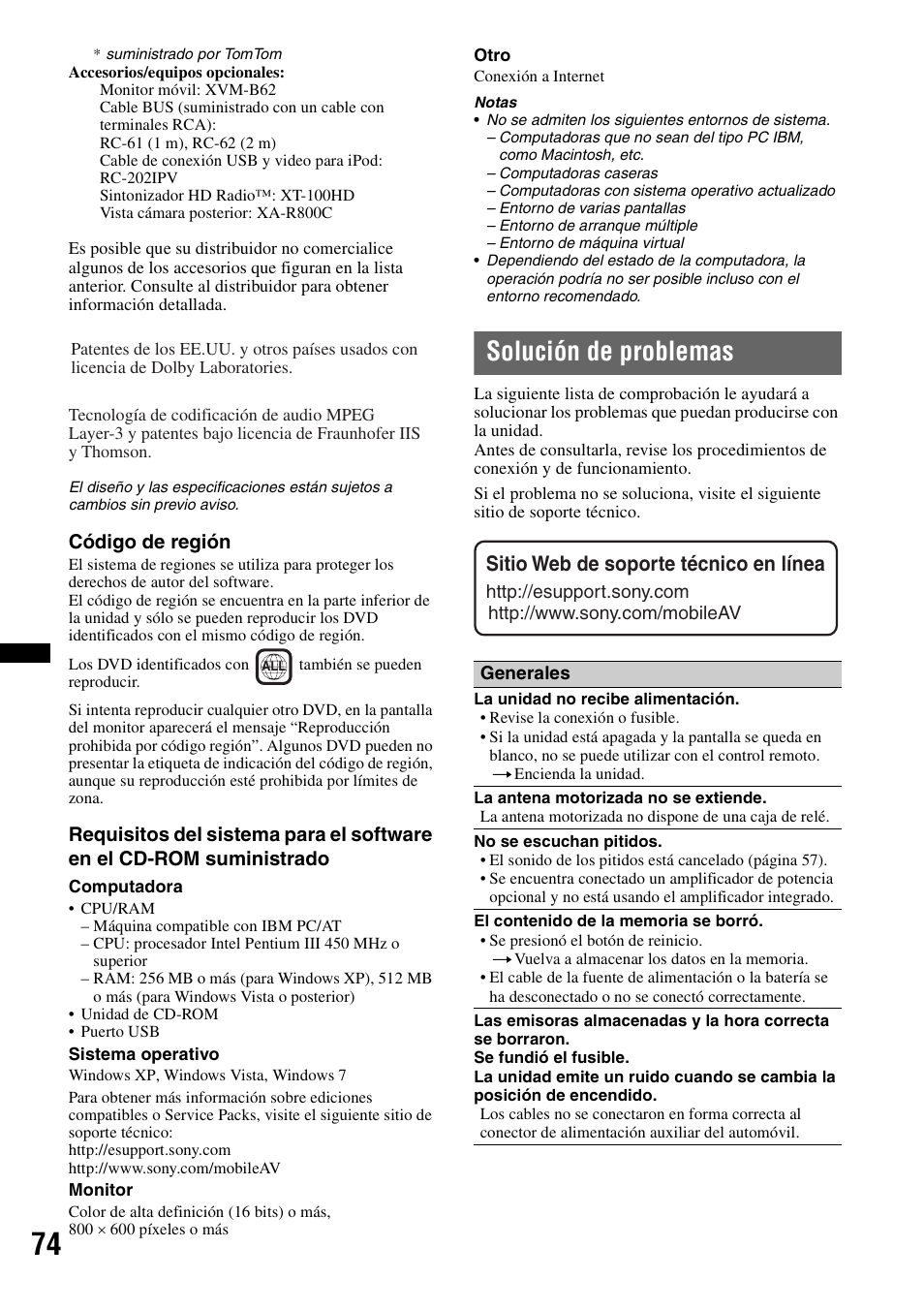 Solución de problemas, Sitio web de soporte técnico en línea | Sony XNV-770BT User Manual | Page 230 / 240