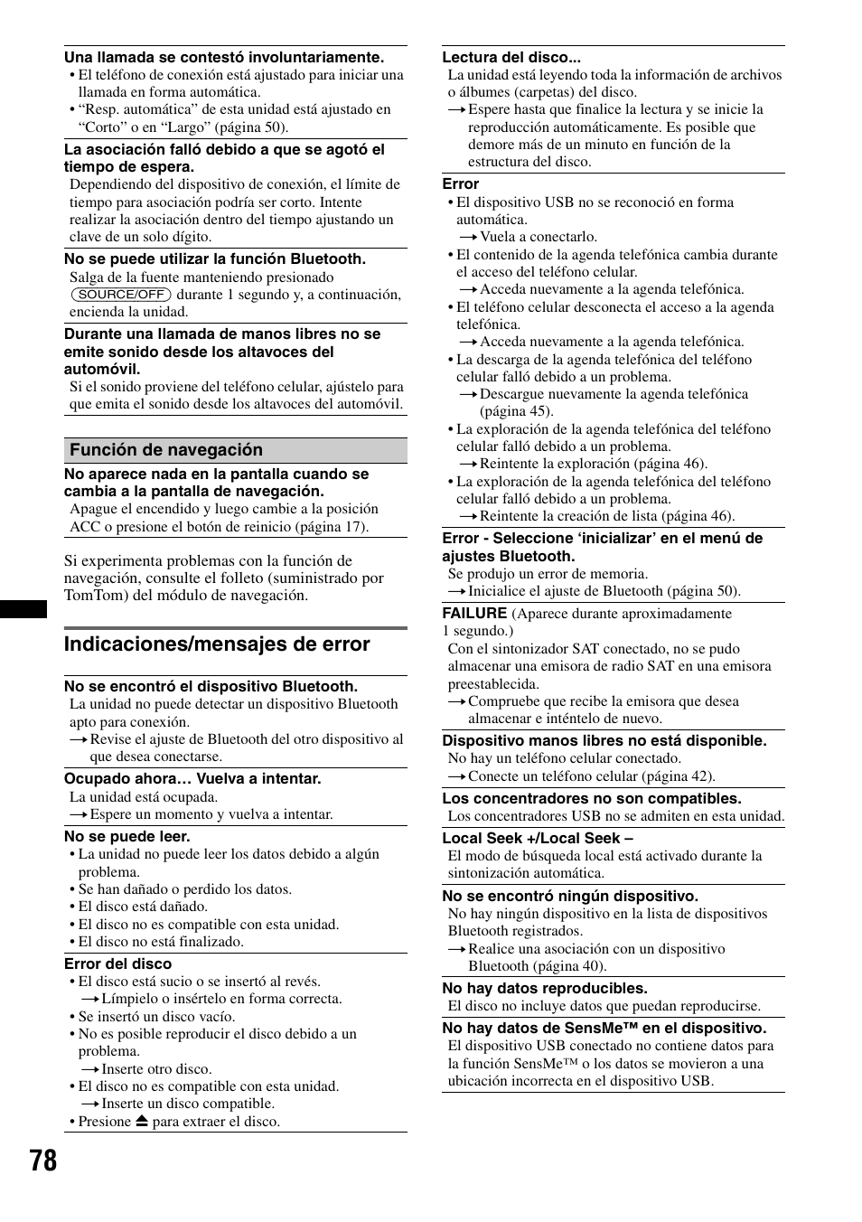 Indicaciones/mensajes de error | Sony XNV-770BT User Manual | Page 234 / 240