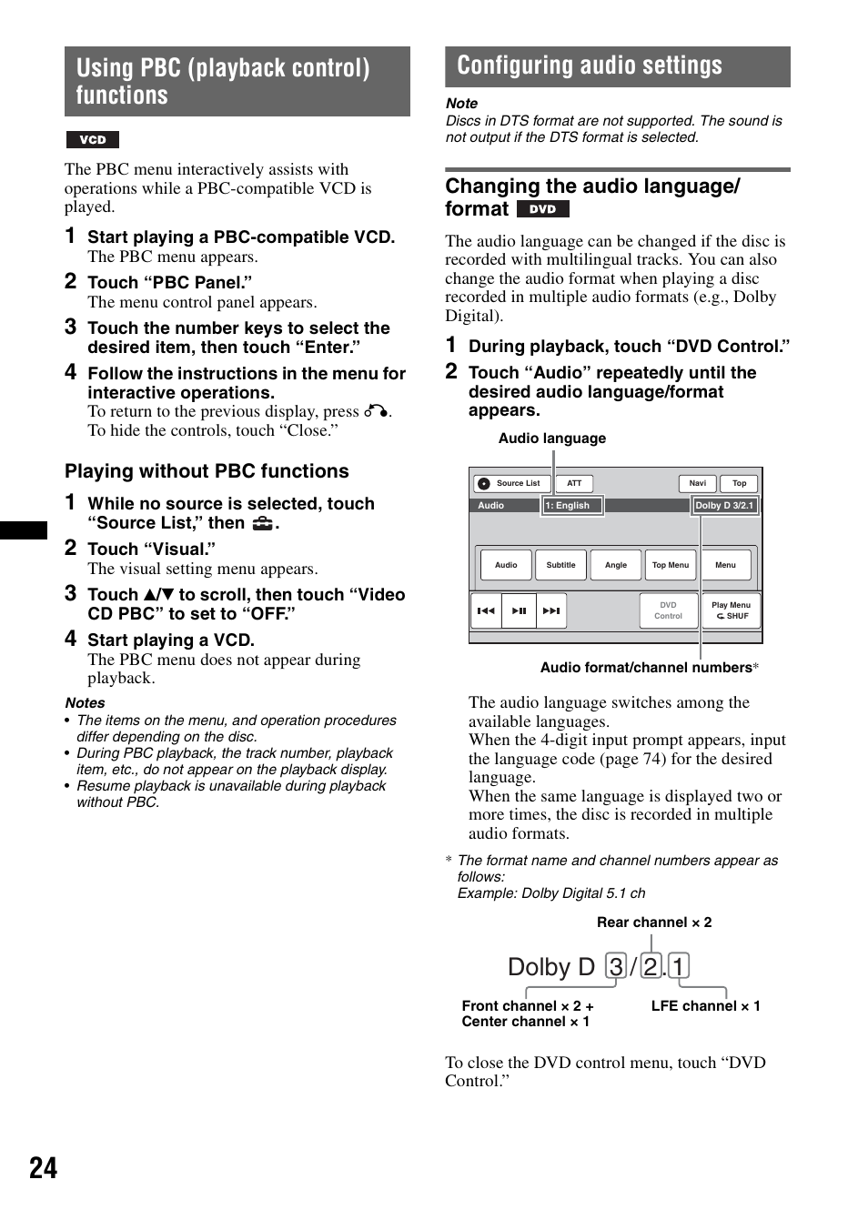 Using pbc (playback control) functions, Configuring audio settings, Changing the audio language/format | Dolby d 3 / 2, Changing the audio language/ format, Playing without pbc functions | Sony XNV-770BT User Manual | Page 24 / 240