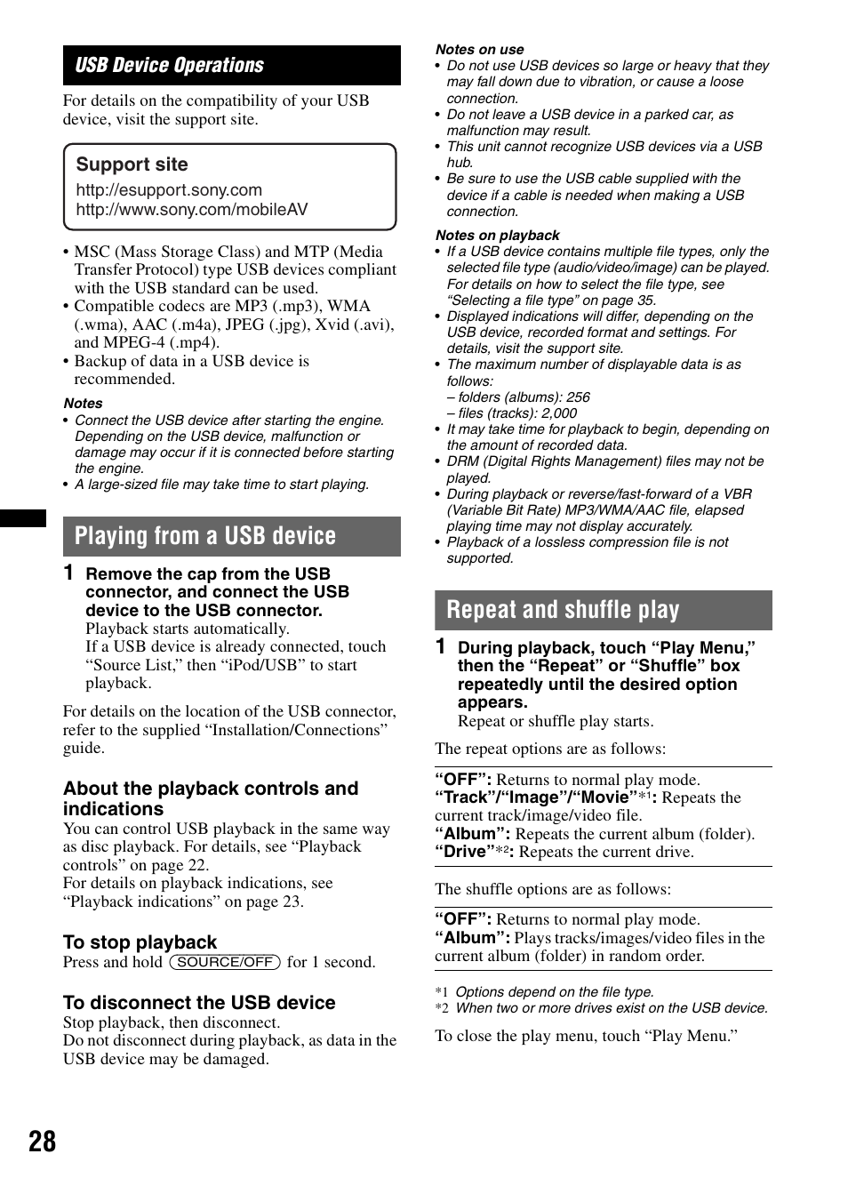 Usb device operations, Playing from a usb device, Repeat and shuffle play | Sony XNV-770BT User Manual | Page 28 / 240