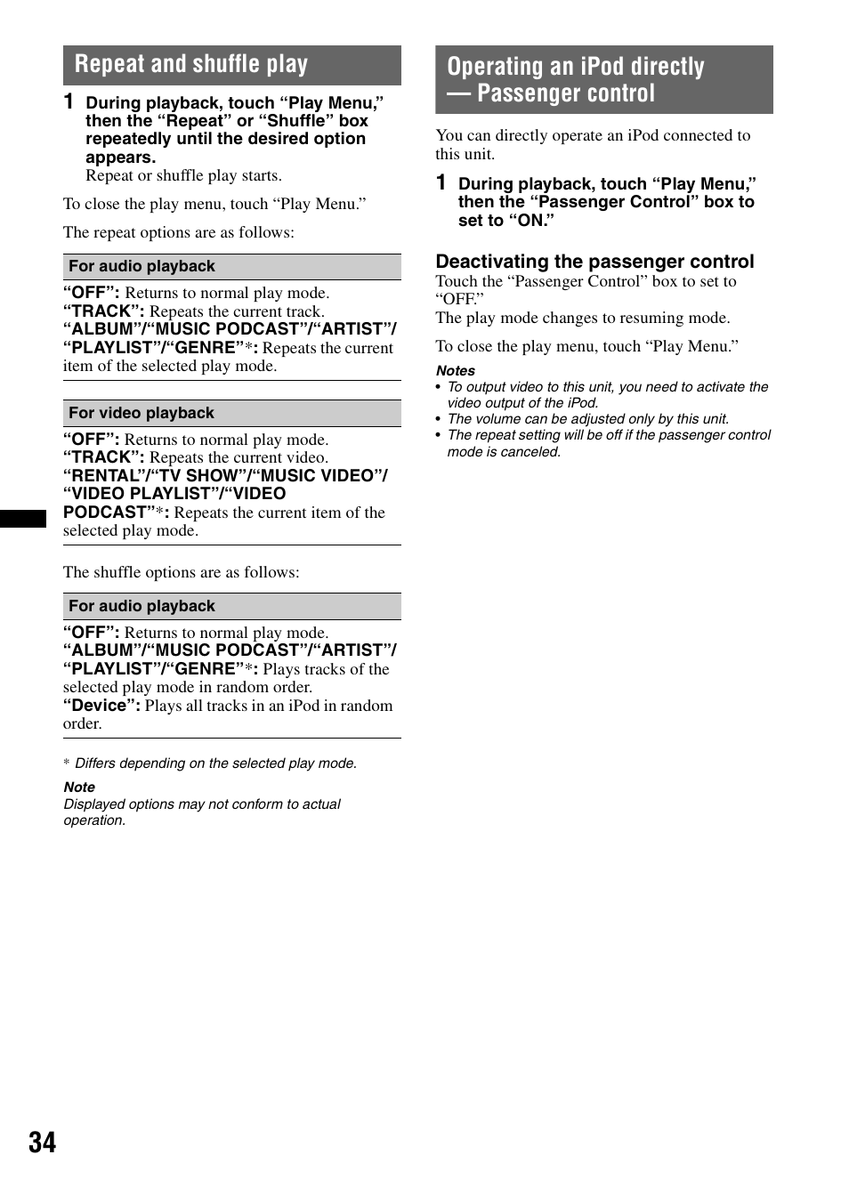 Repeat and shuffle play, Operating an ipod directly — passenger control | Sony XNV-770BT User Manual | Page 34 / 240