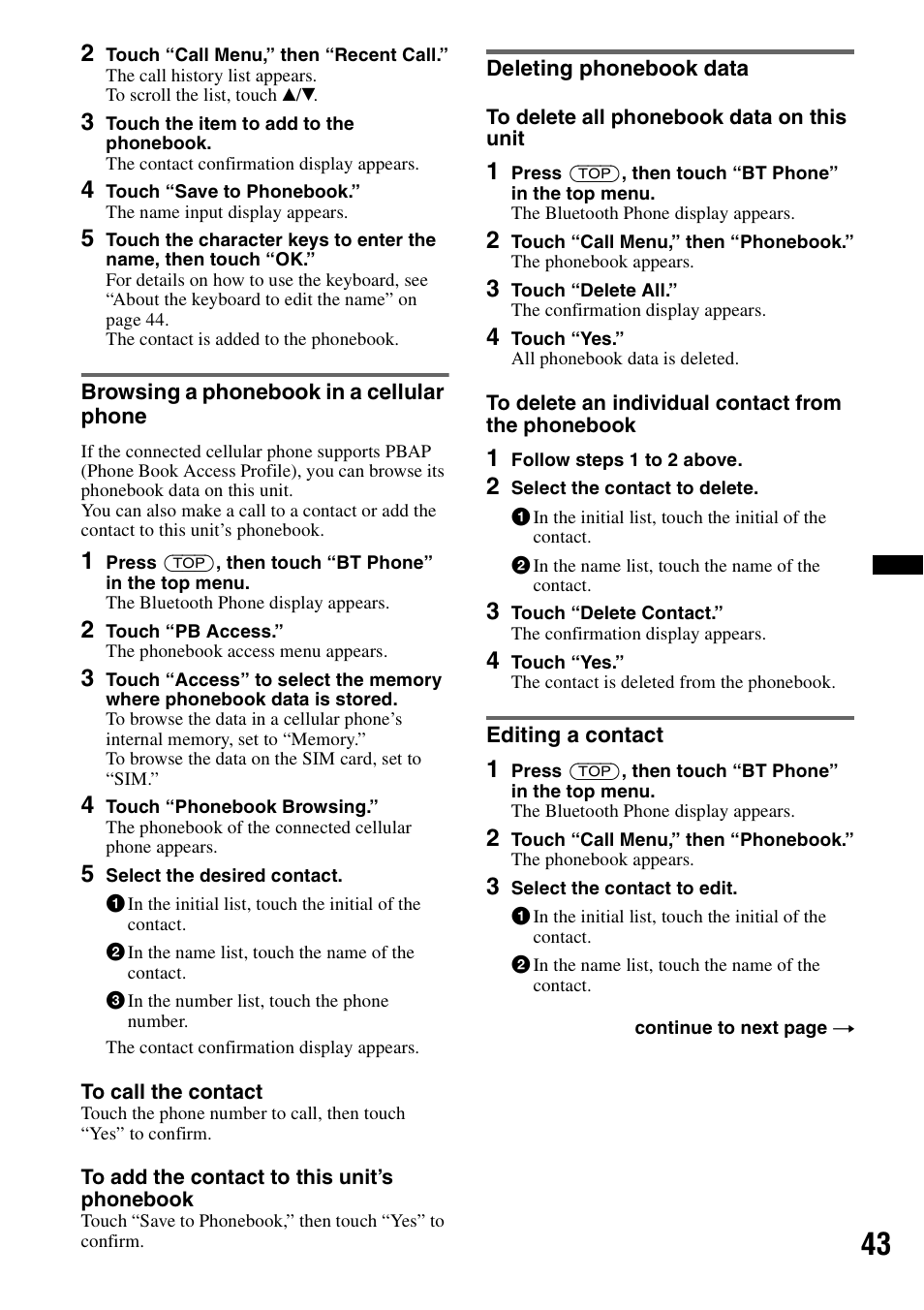 Browsing a phonebook in a cellular phone, Deleting phonebook data, Editing a contact | Sony XNV-770BT User Manual | Page 43 / 240