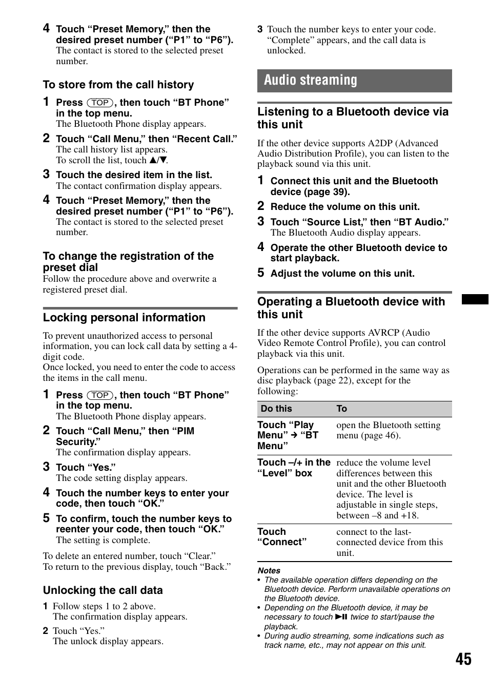 Locking personal information, Audio streaming, Listening to a bluetooth device via this unit | Operating a bluetooth device with this unit | Sony XNV-770BT User Manual | Page 45 / 240