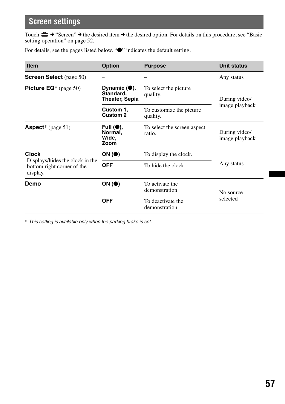 Screen settings | Sony XNV-770BT User Manual | Page 57 / 240