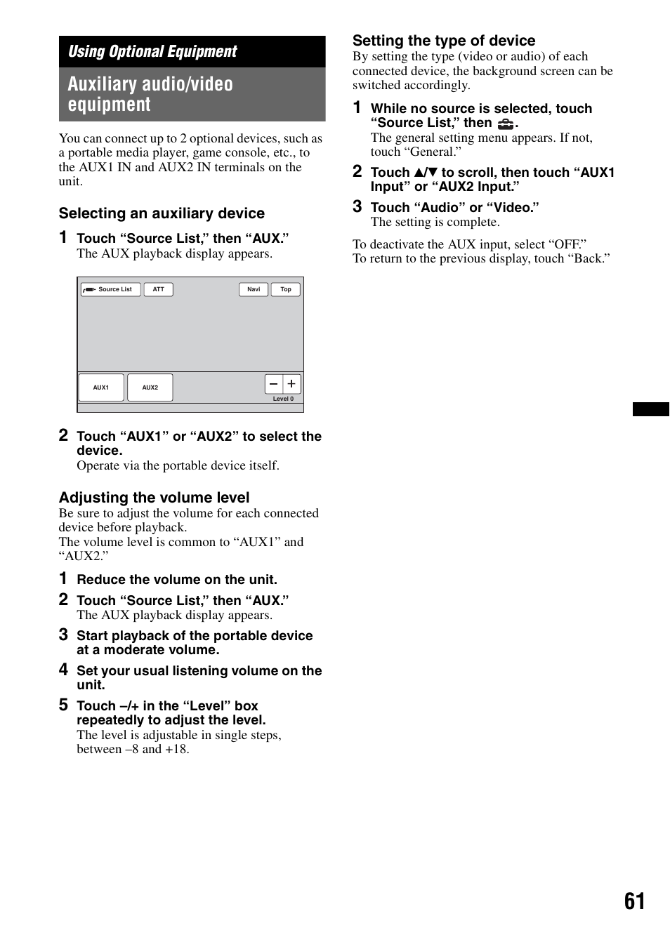 Using optional equipment, Auxiliary audio/video equipment | Sony XNV-770BT User Manual | Page 61 / 240