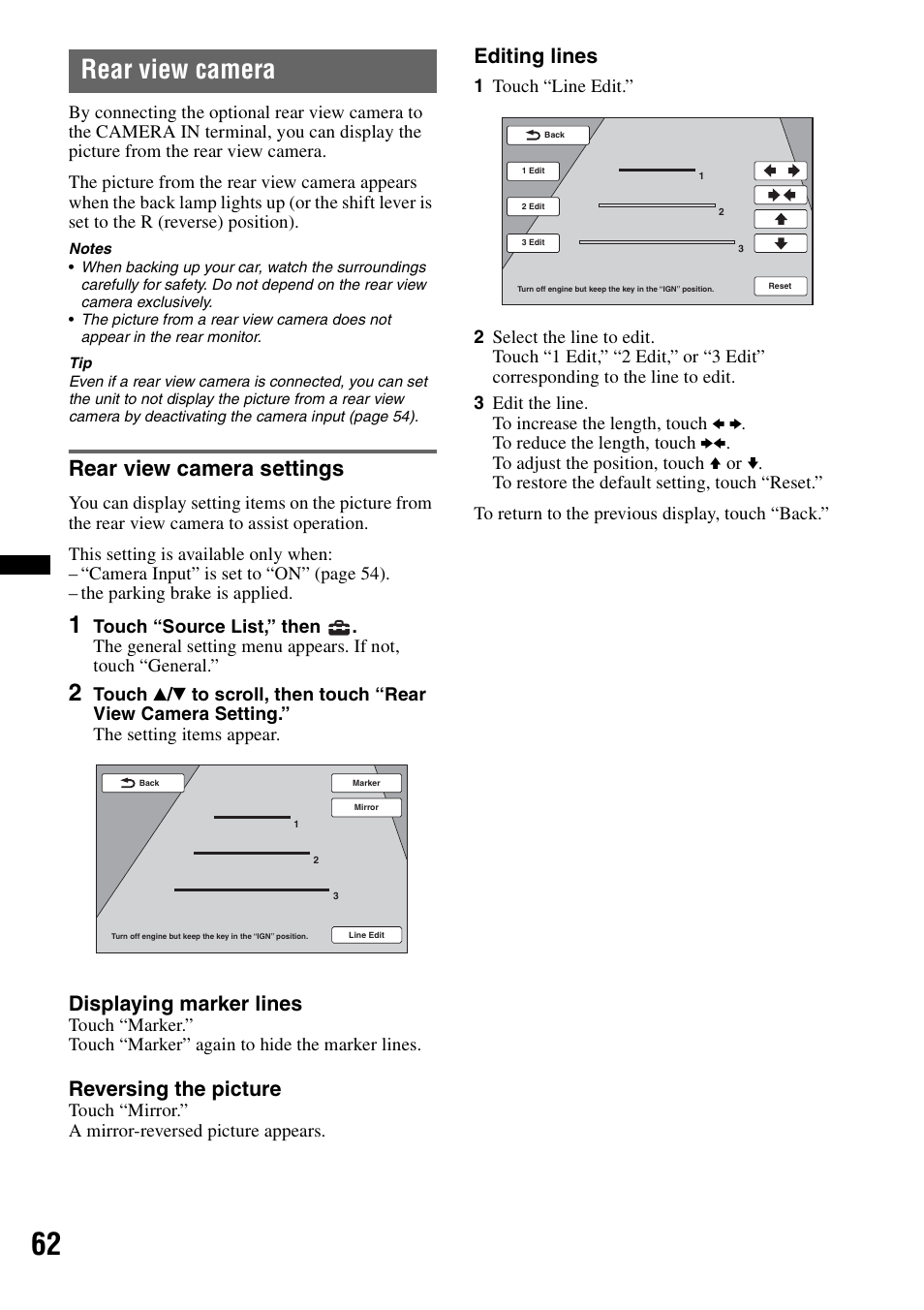 Rear view camera, Rear view camera settings, Displaying marker lines | Reversing the picture, Editing lines | Sony XNV-770BT User Manual | Page 62 / 240