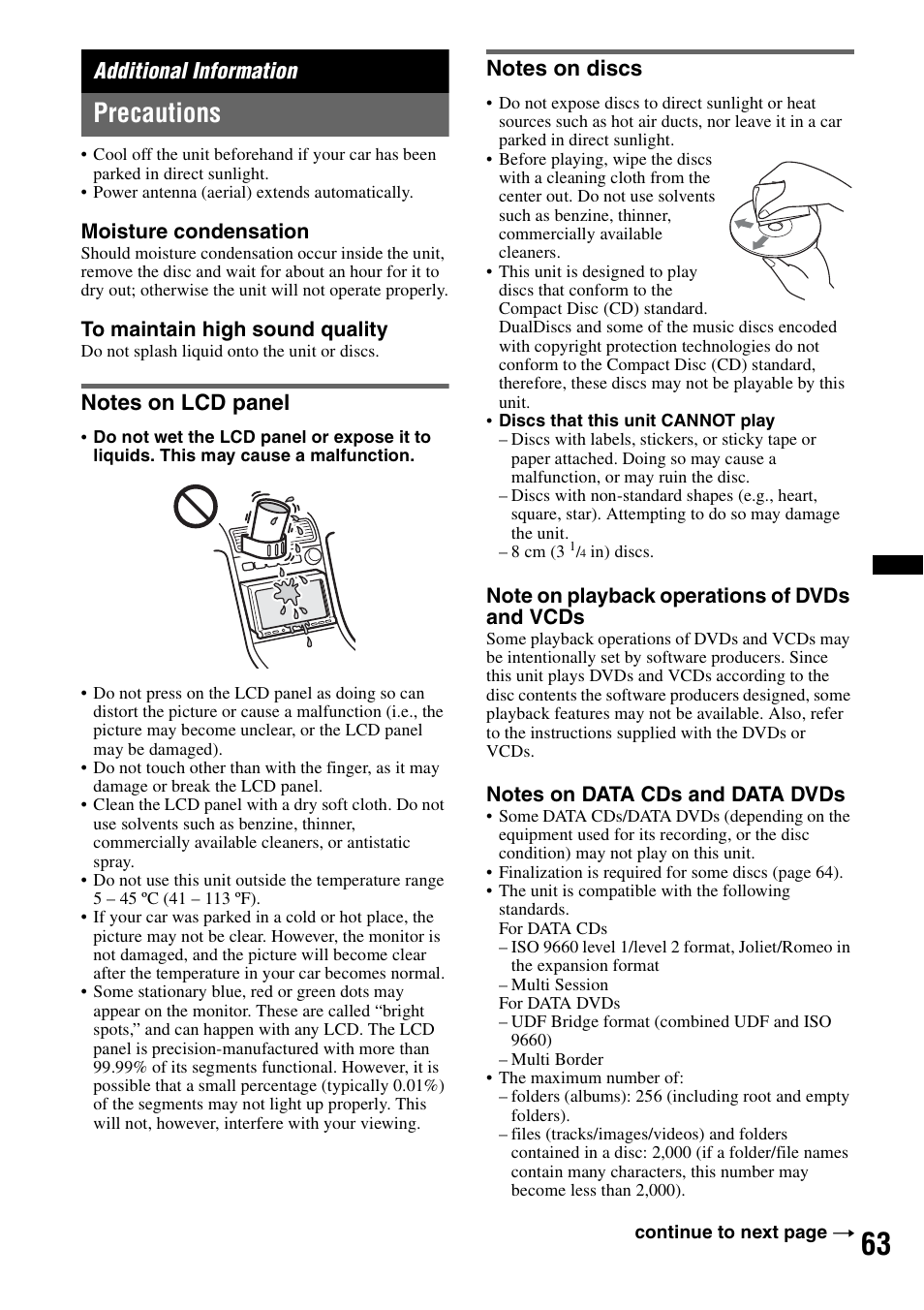 Additional information, Precautions, Notes on lcd panel | Notes on discs, Notes on lcd panel notes on discs | Sony XNV-770BT User Manual | Page 63 / 240