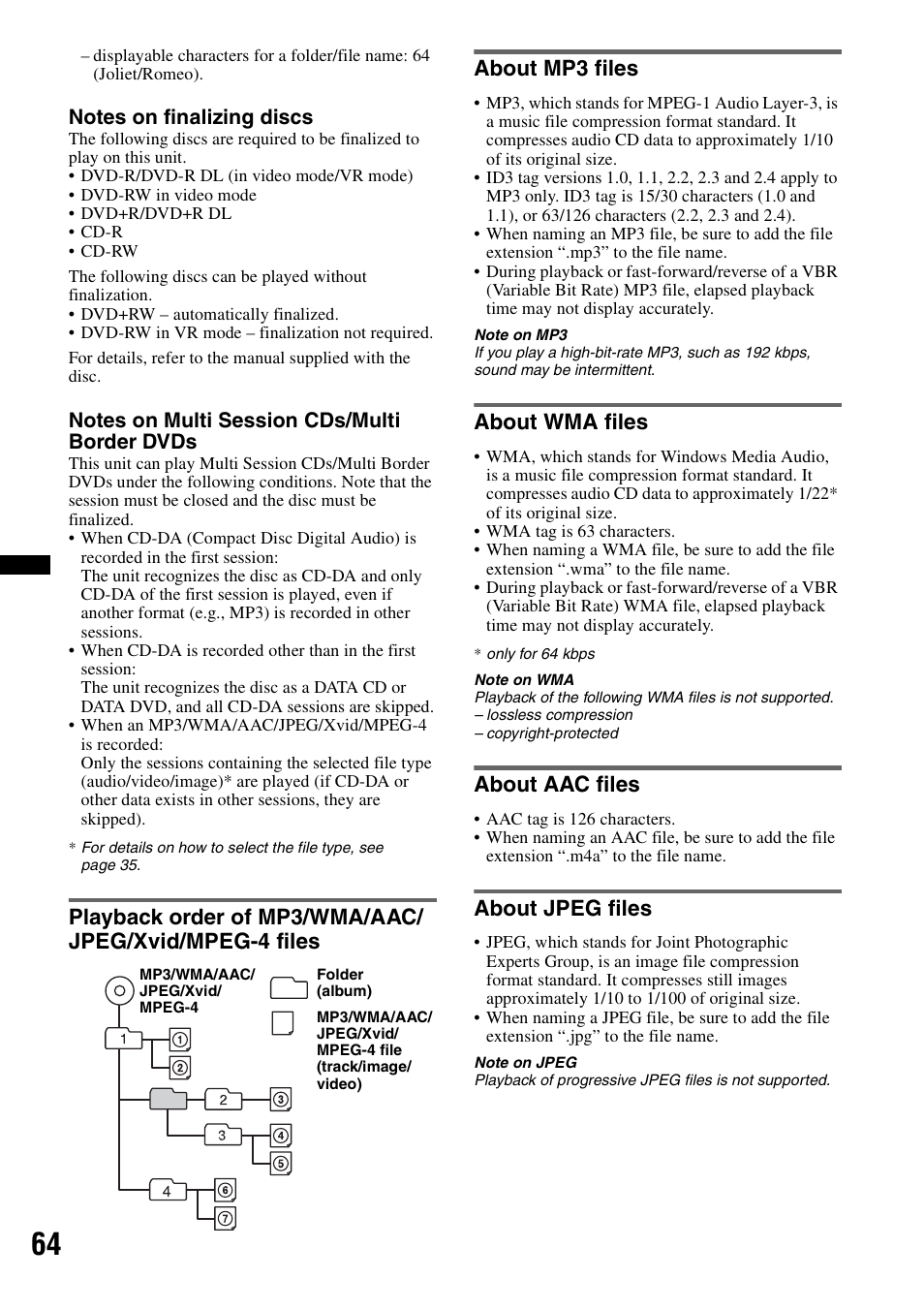 About mp3 files, About wma files, About aac files | About jpeg files | Sony XNV-770BT User Manual | Page 64 / 240