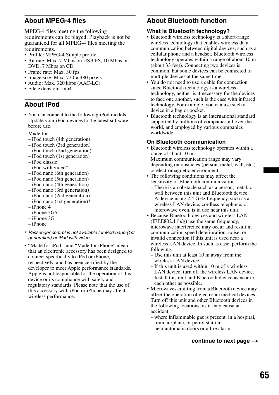 About mpeg-4 files, About ipod, About bluetooth function | Sony XNV-770BT User Manual | Page 65 / 240