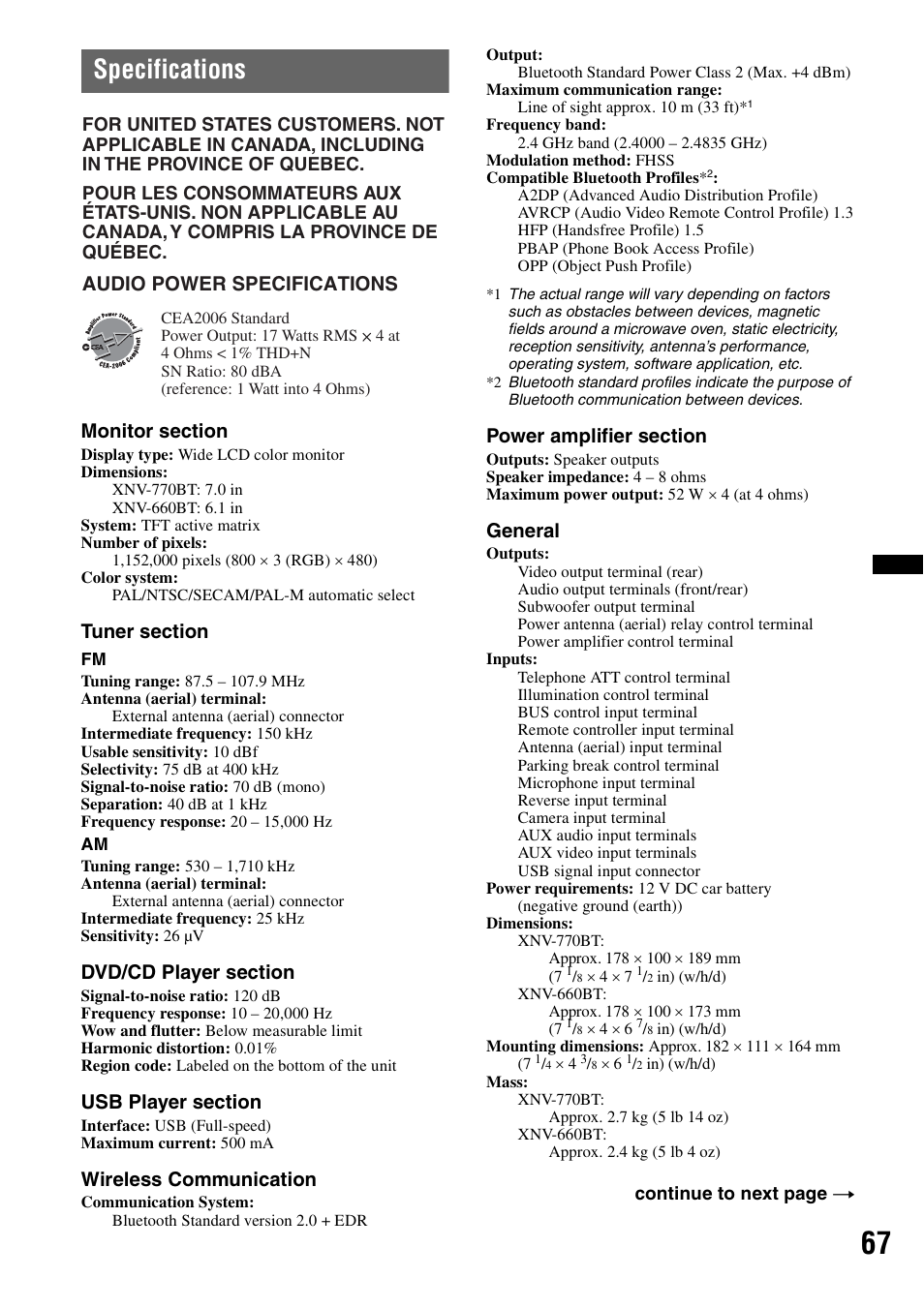 Specifications, Wireless communication, General | Audio power specifications | Sony XNV-770BT User Manual | Page 67 / 240