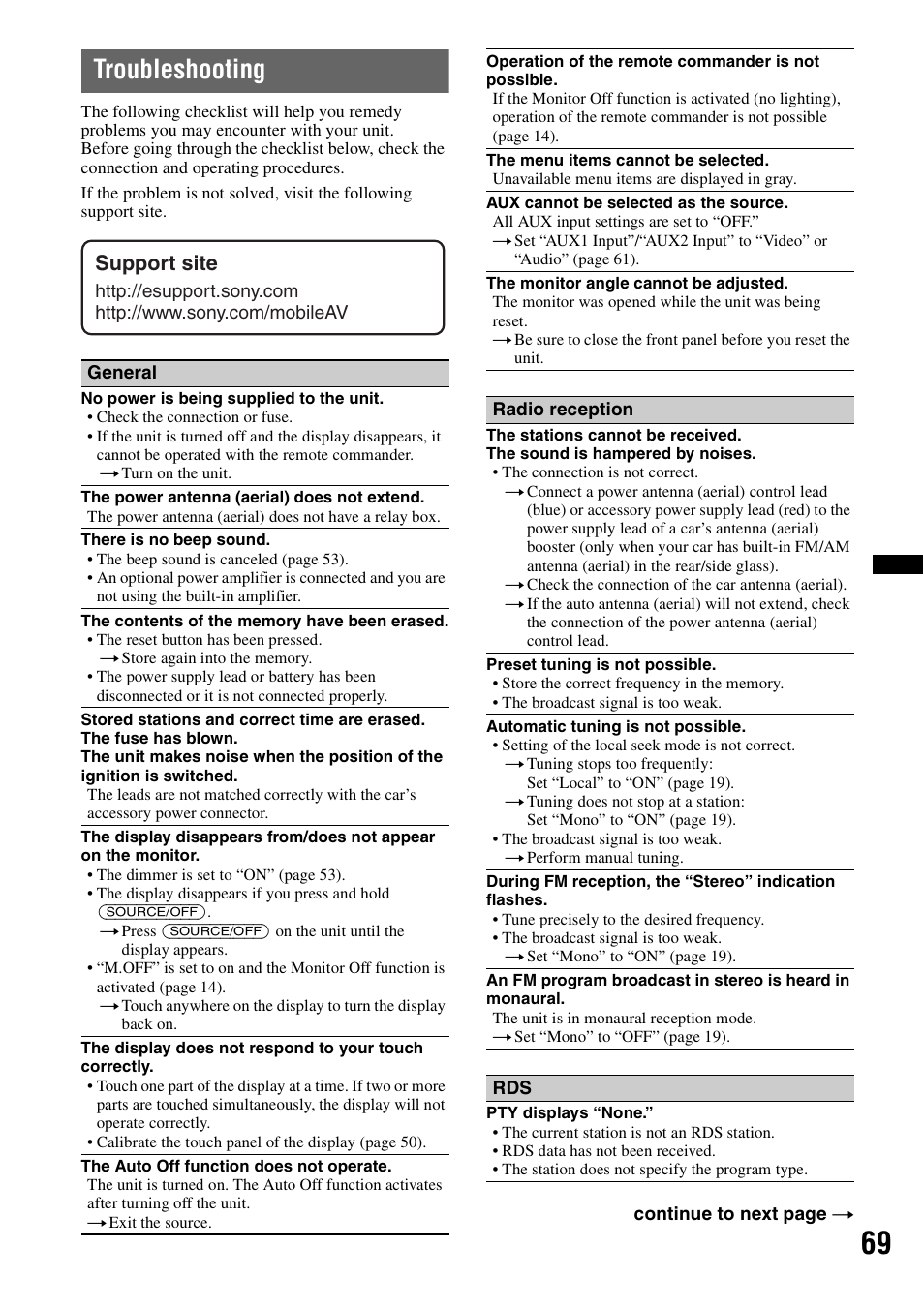 Troubleshooting, Support site | Sony XNV-770BT User Manual | Page 69 / 240