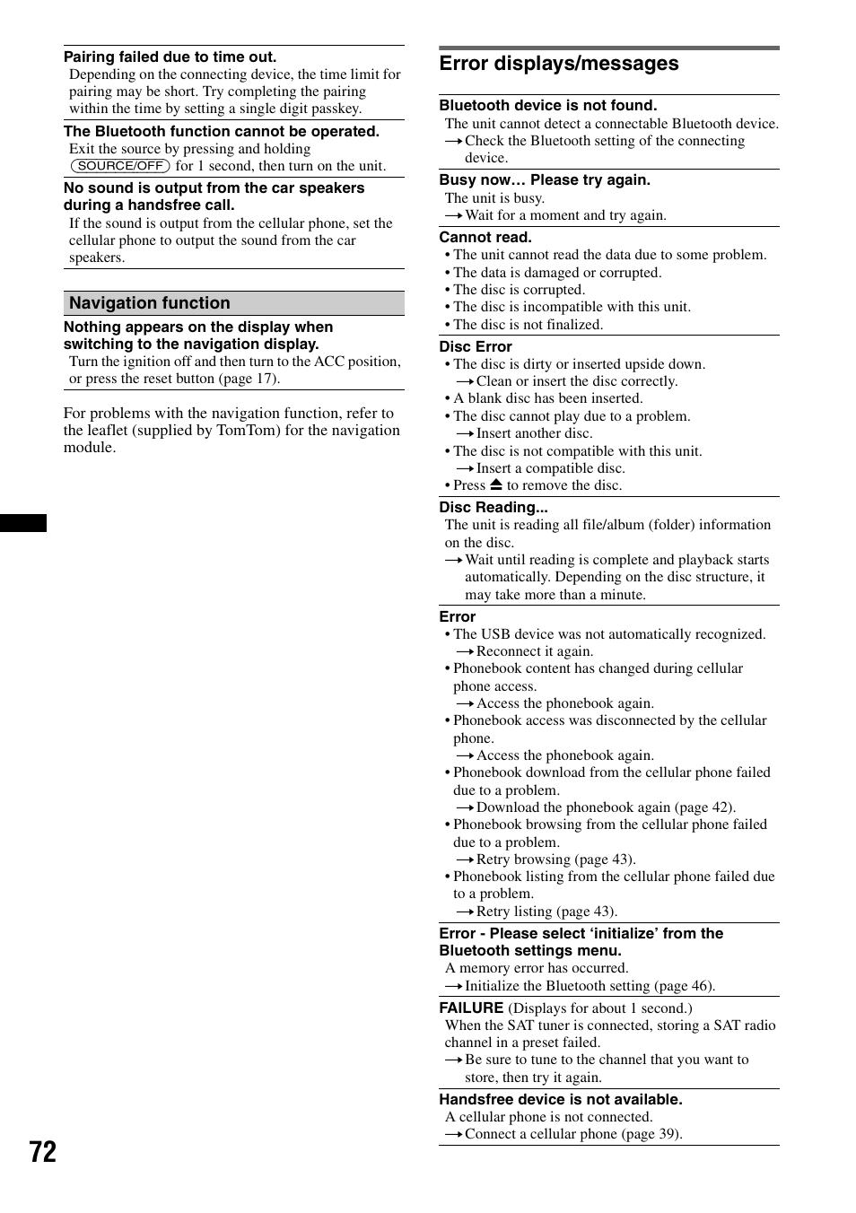 Error displays/messages | Sony XNV-770BT User Manual | Page 72 / 240