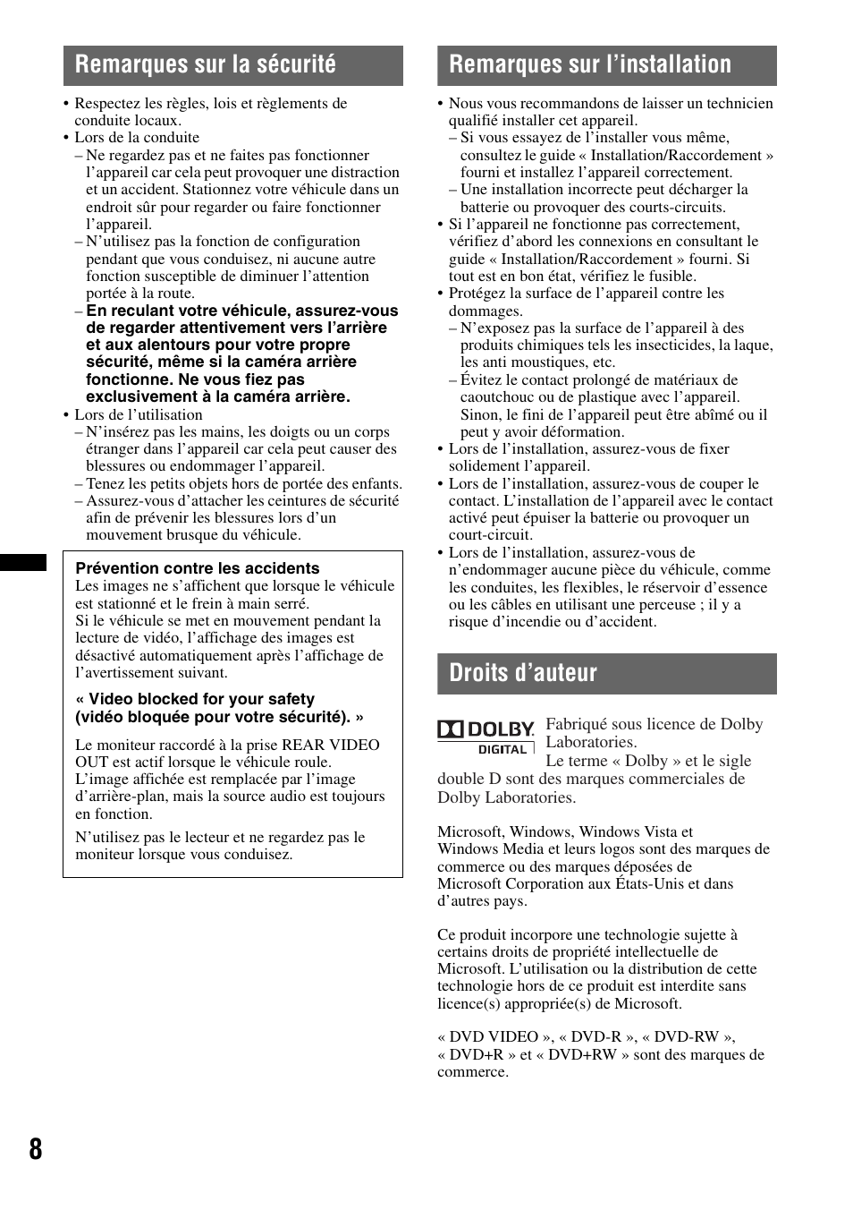 Remarques sur la sécurité, Remarques sur l’installation, Droits d’auteur | Sony XNV-770BT User Manual | Page 84 / 240