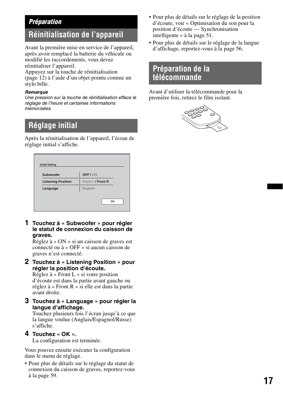 Préparation, Réinitialisation de l’appareil, Réglage initial | Préparation de la télécommande | Sony XNV-770BT User Manual | Page 93 / 240