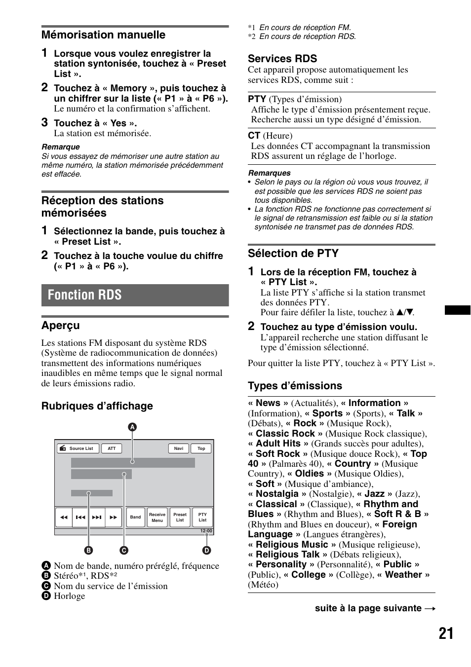 Mémorisation manuelle, Réception des stations mémorisées, Fonction rds | Aperçu, Sélection de pty, Aperçu sélection de pty, Rubriques d’affichage, Services rds, Types d’émissions | Sony XNV-770BT User Manual | Page 97 / 240