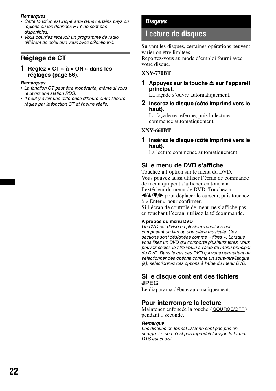 Réglage de ct, Disques, Lecture de disques | Sony XNV-770BT User Manual | Page 98 / 240