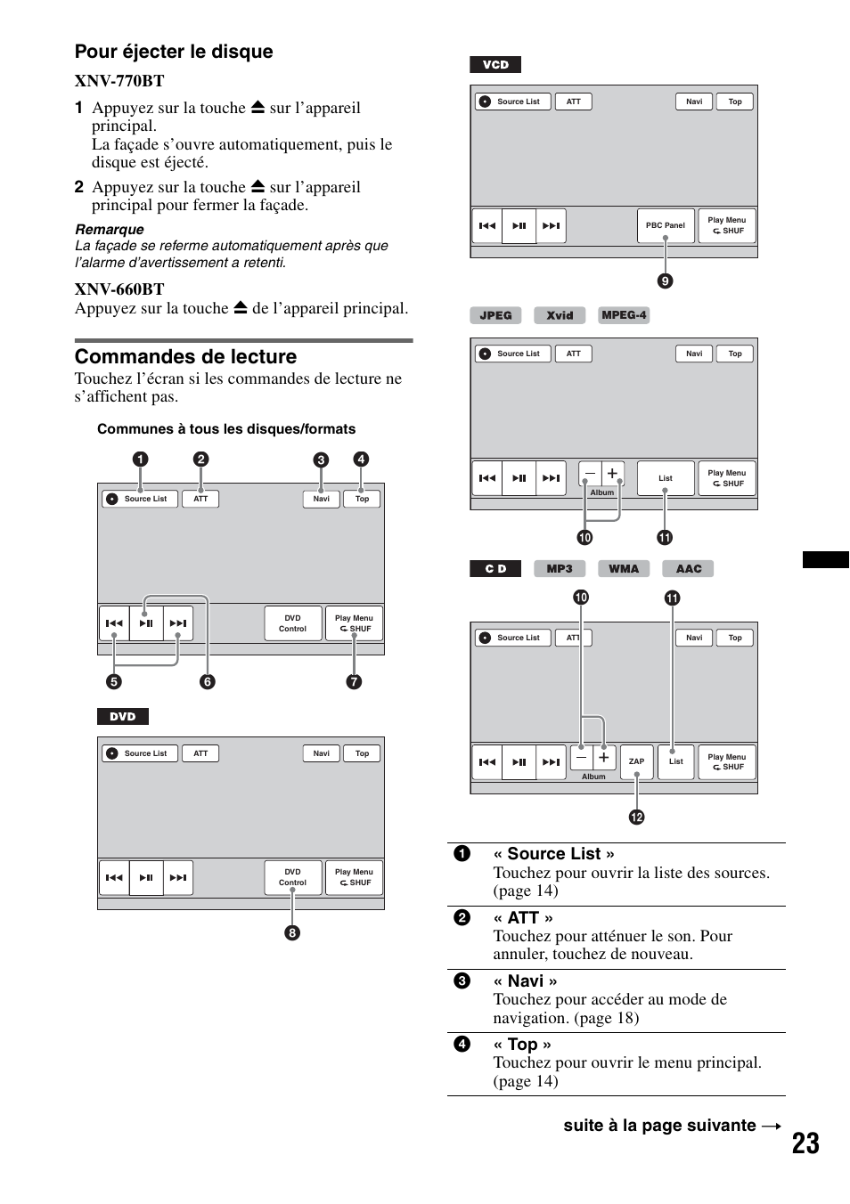 Commandes de lecture, Pour éjecter le disque, Qs 0 qa | Sony XNV-770BT User Manual | Page 99 / 240