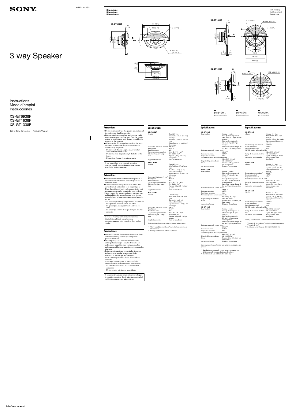 Sony XS-GT1338F User Manual | 2 pages