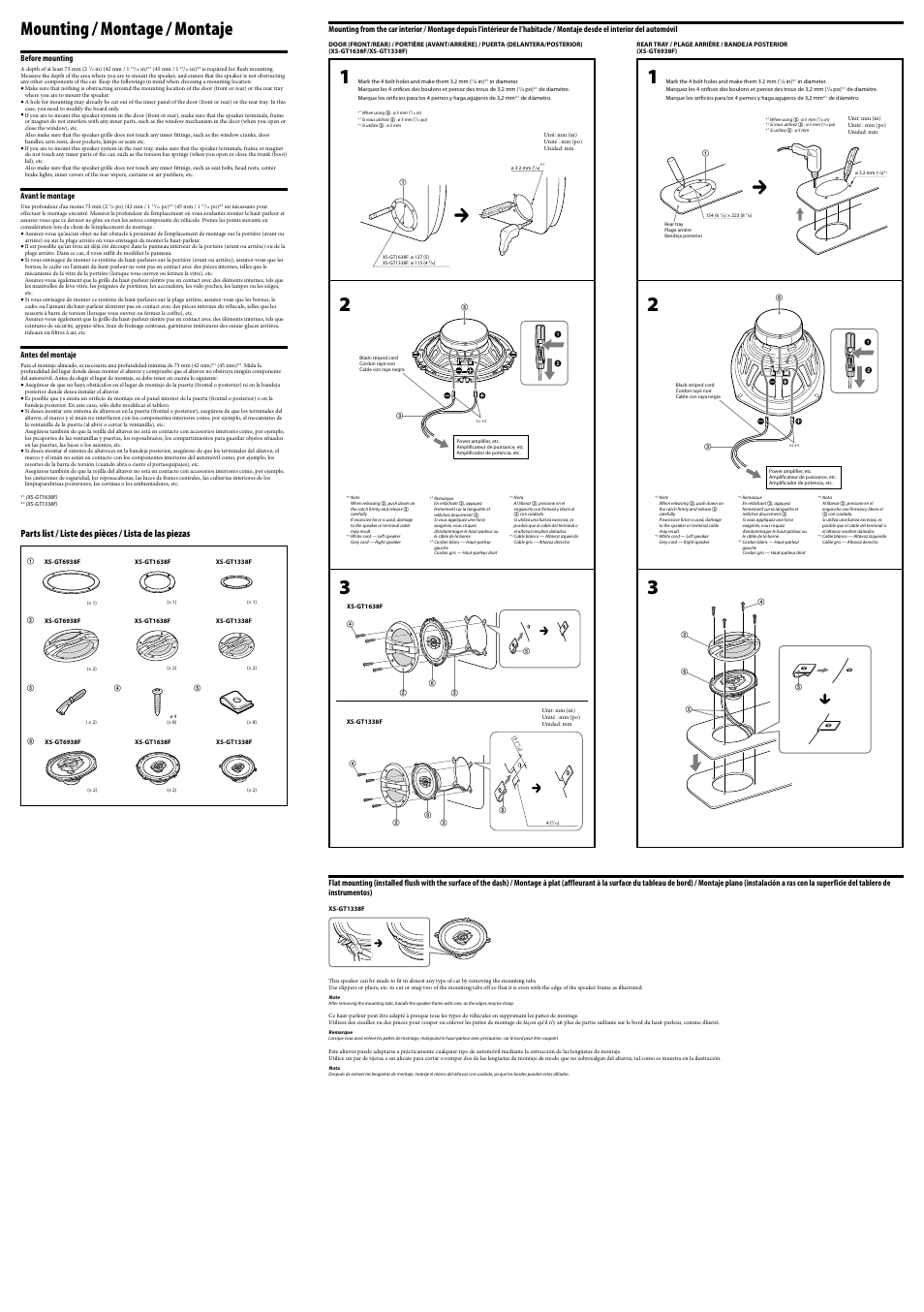 Mounting / montage / montaje, Before mounting, Avant le montage | Antes del montaje | Sony XS-GT1338F User Manual | Page 2 / 2