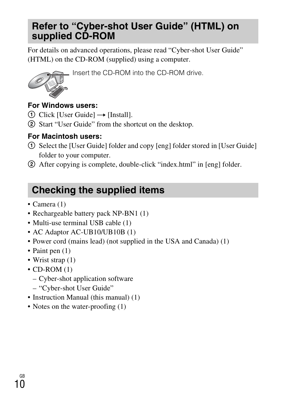 Checking the supplied items | Sony DSC-TX10 User Manual | Page 10 / 64