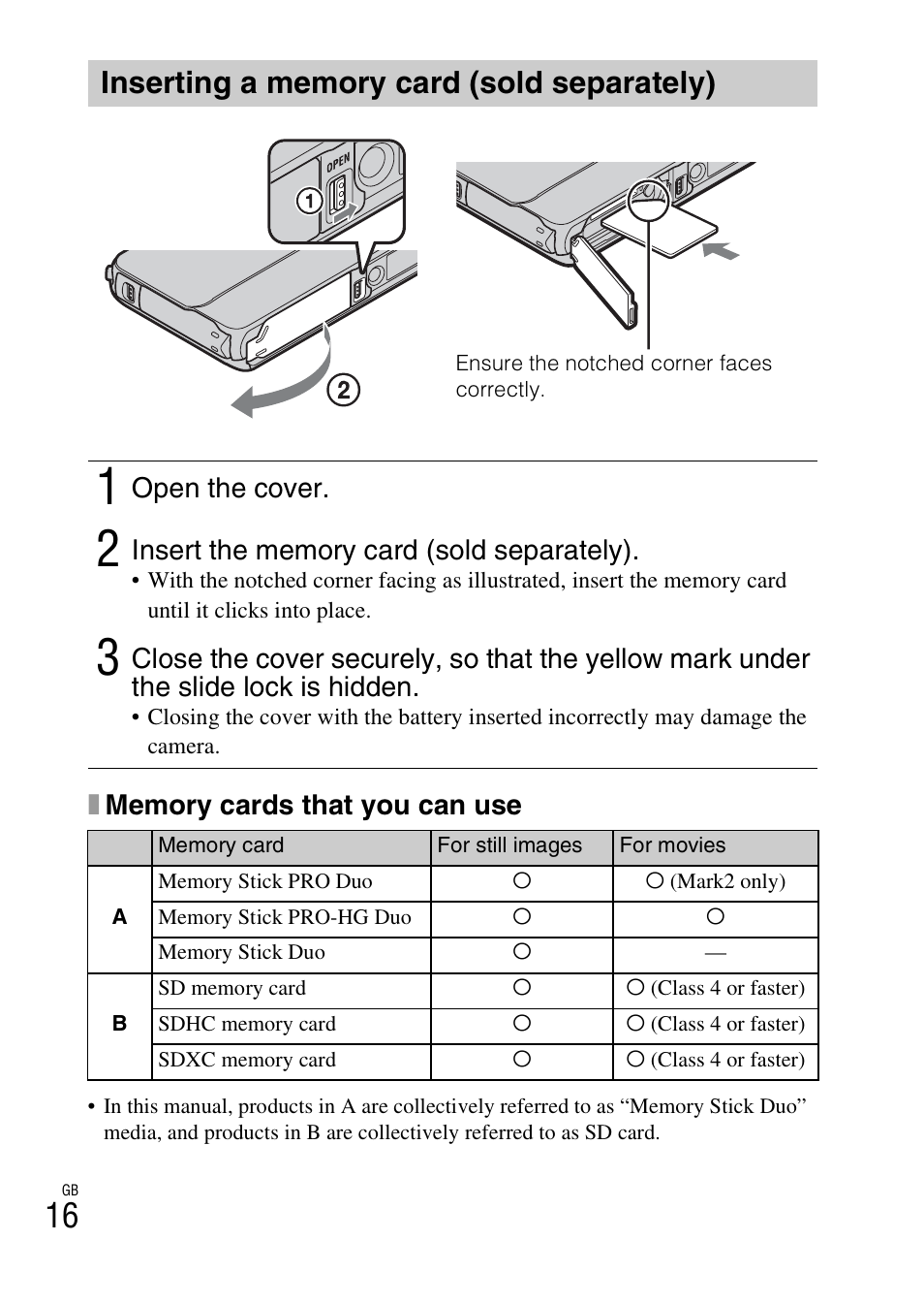 Inserting a memory card (sold separately), Open the cover | Sony DSC-TX10 User Manual | Page 16 / 64