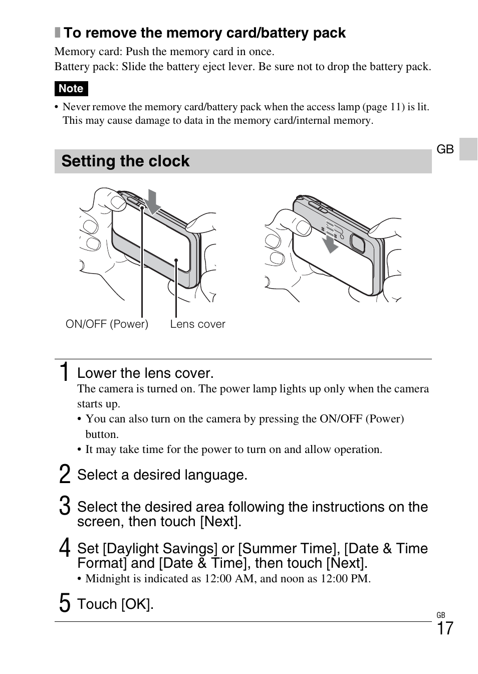 Setting the clock | Sony DSC-TX10 User Manual | Page 17 / 64