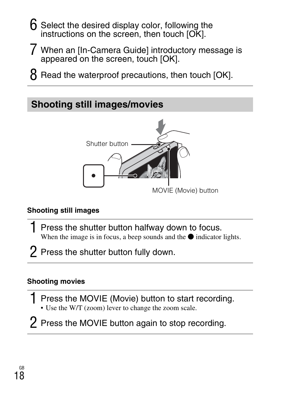 Shooting still images/movies | Sony DSC-TX10 User Manual | Page 18 / 64