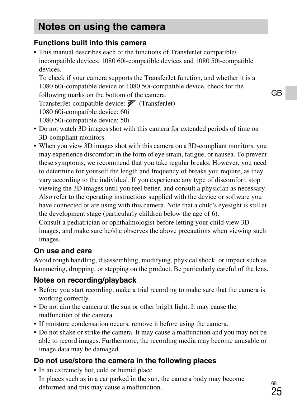 Notes on using the camera | Sony DSC-TX10 User Manual | Page 25 / 64