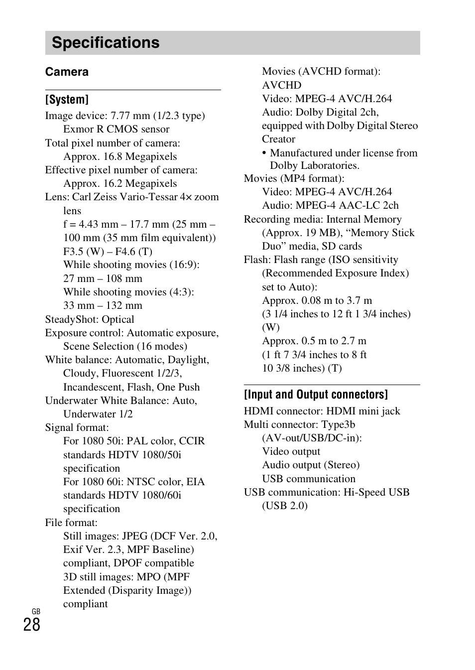 Specifications | Sony DSC-TX10 User Manual | Page 28 / 64