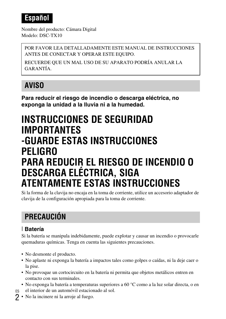Español, Aviso precaución | Sony DSC-TX10 User Manual | Page 32 / 64