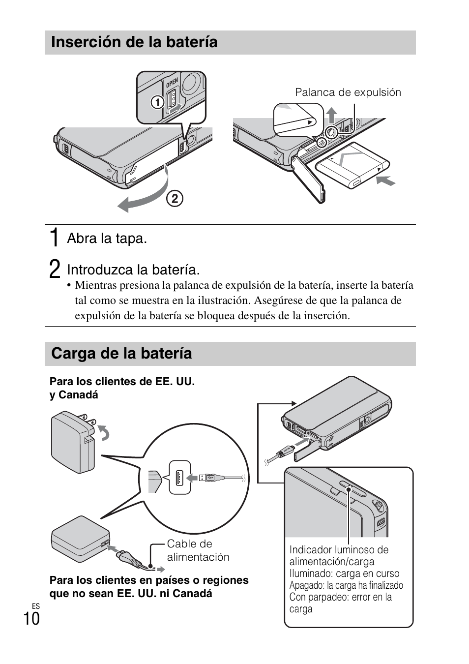 Inserción de la batería, Carga de la batería | Sony DSC-TX10 User Manual | Page 40 / 64