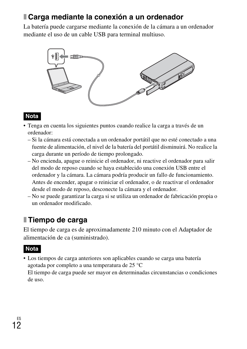 Xcarga mediante la conexión a un ordenador, Xtiempo de carga | Sony DSC-TX10 User Manual | Page 42 / 64