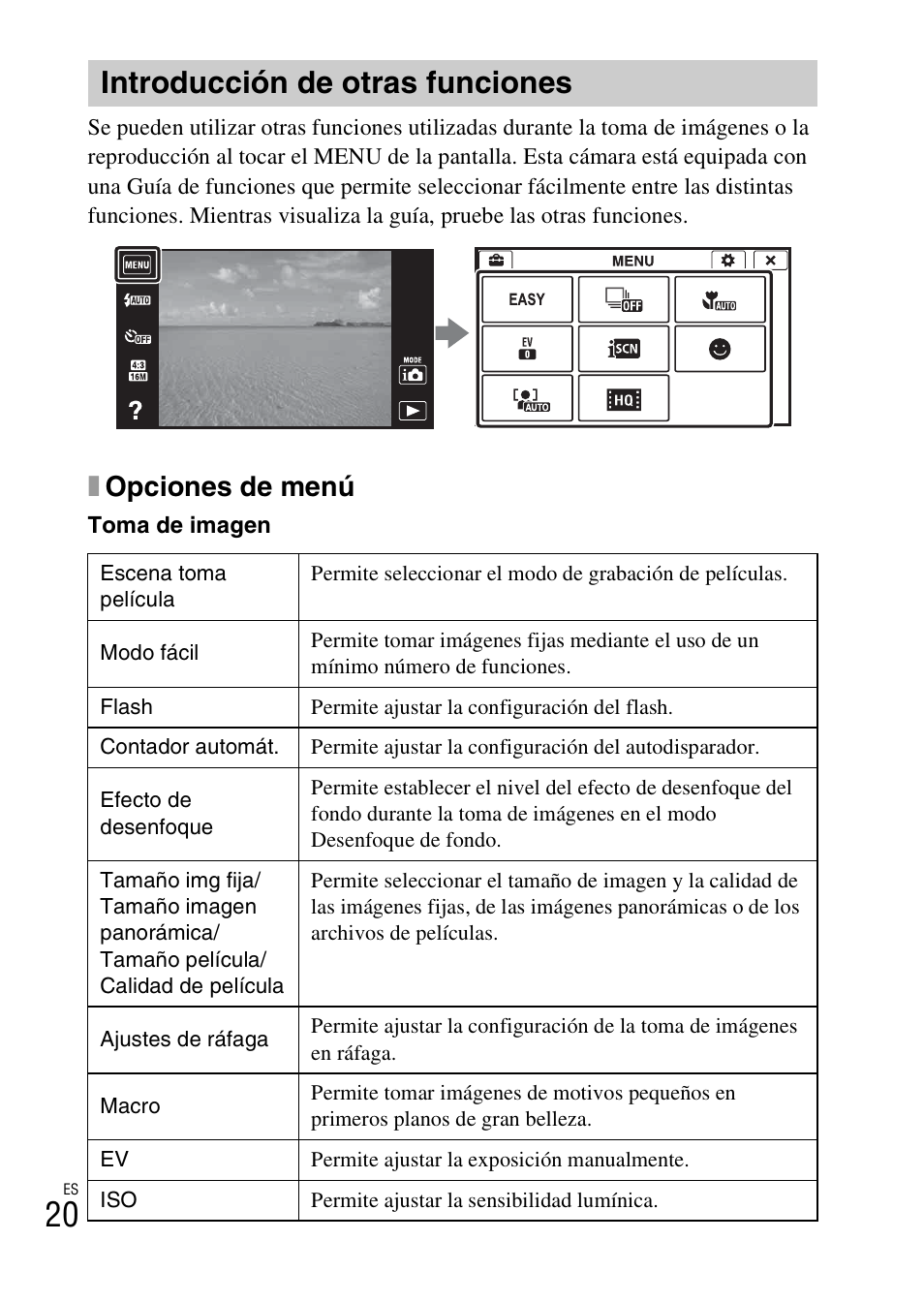 Introducción de otras funciones, Xopciones de menú | Sony DSC-TX10 User Manual | Page 50 / 64