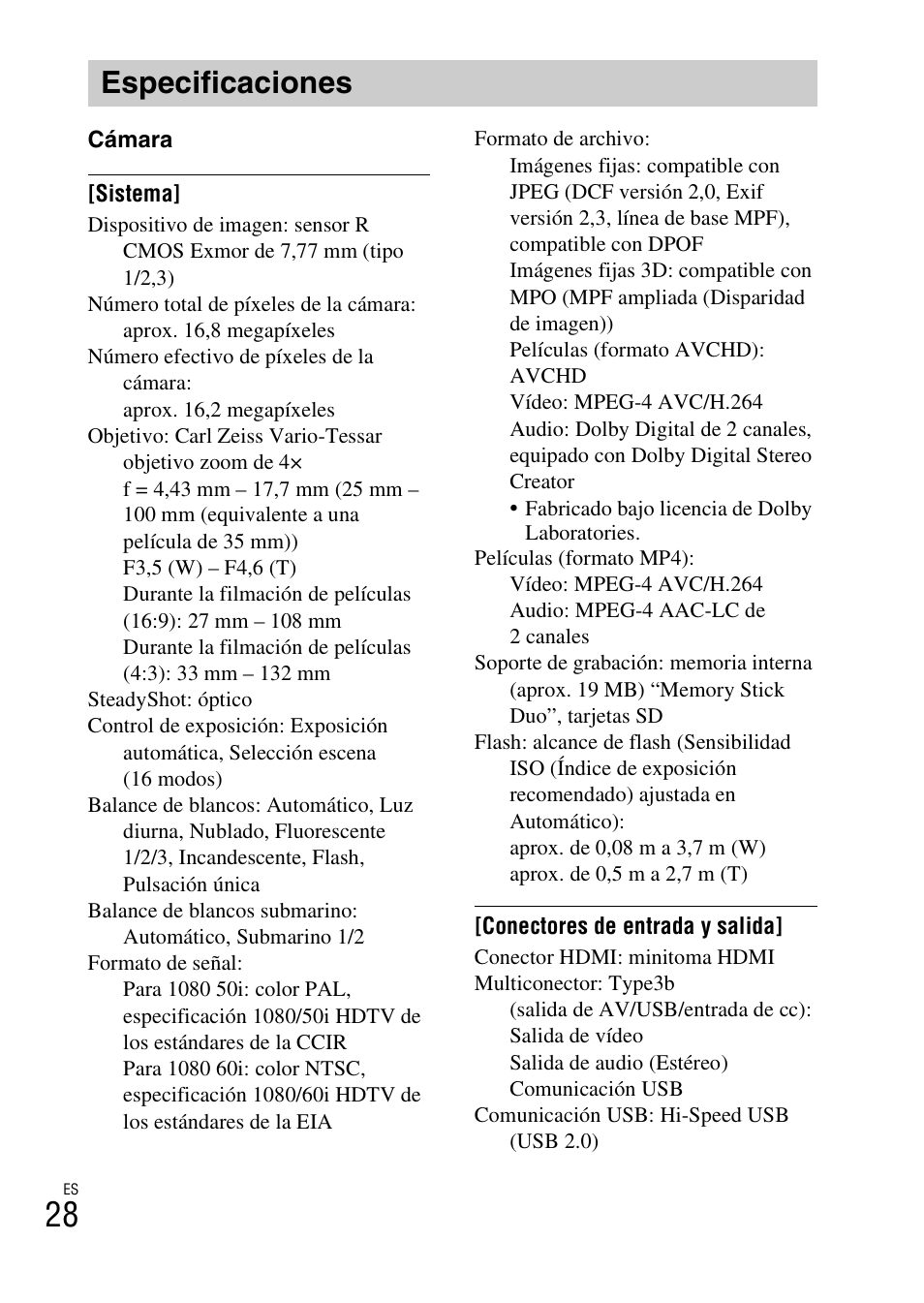 Especificaciones | Sony DSC-TX10 User Manual | Page 58 / 64