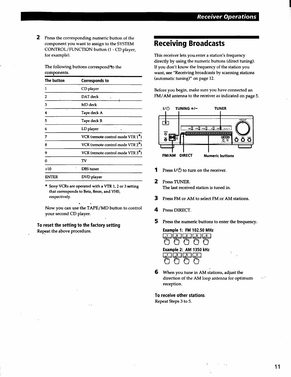 To reset the setting to the factory setting, Receiving broadcasts, Example 2: am 1350 khz | To receive other stations, Receiver operations | Sony STR-V200 User Manual | Page 10 / 23