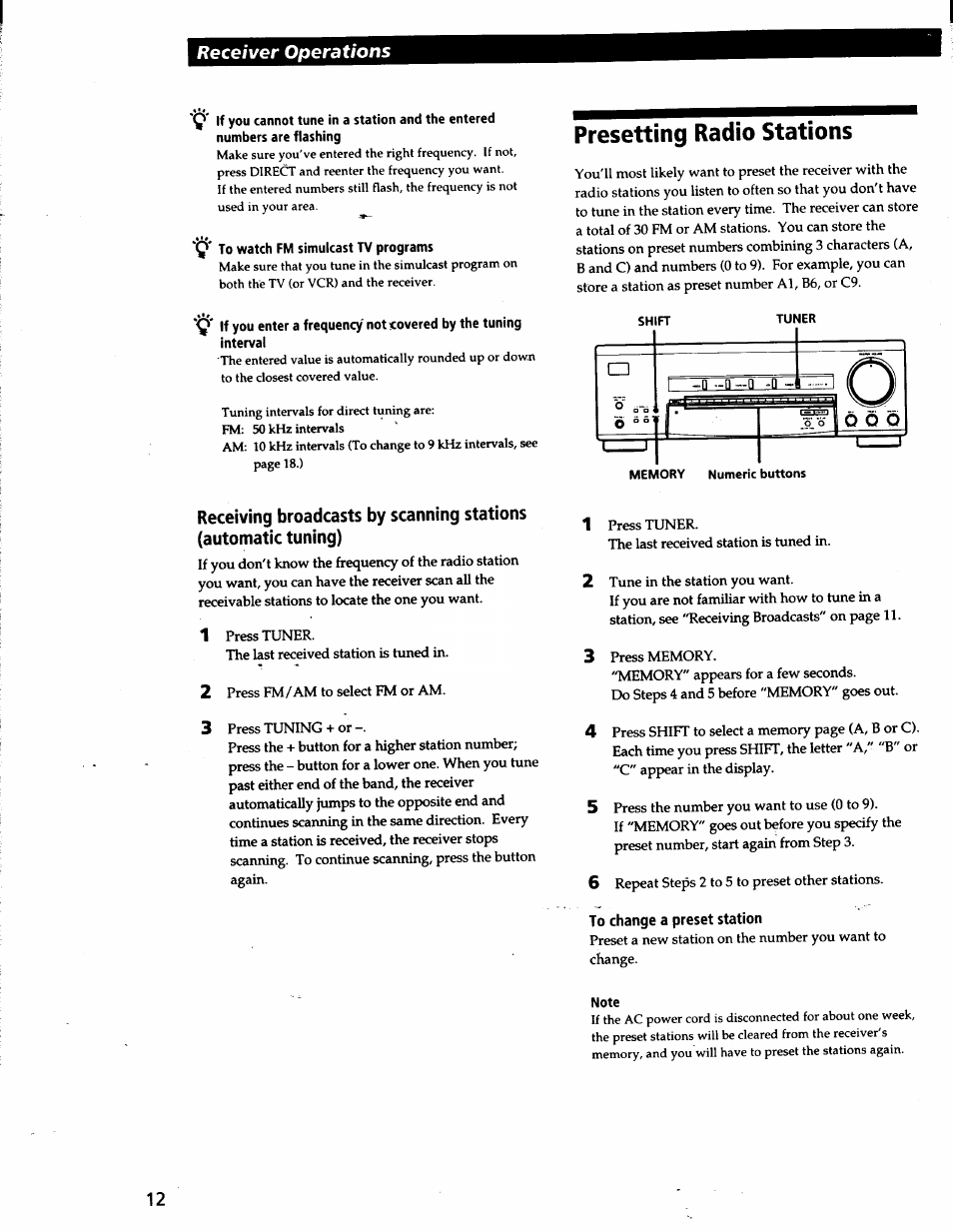 Y to watch fm simulcast tv programs, Presetting radio stations, Note | Receiver operations | Sony STR-V200 User Manual | Page 11 / 23