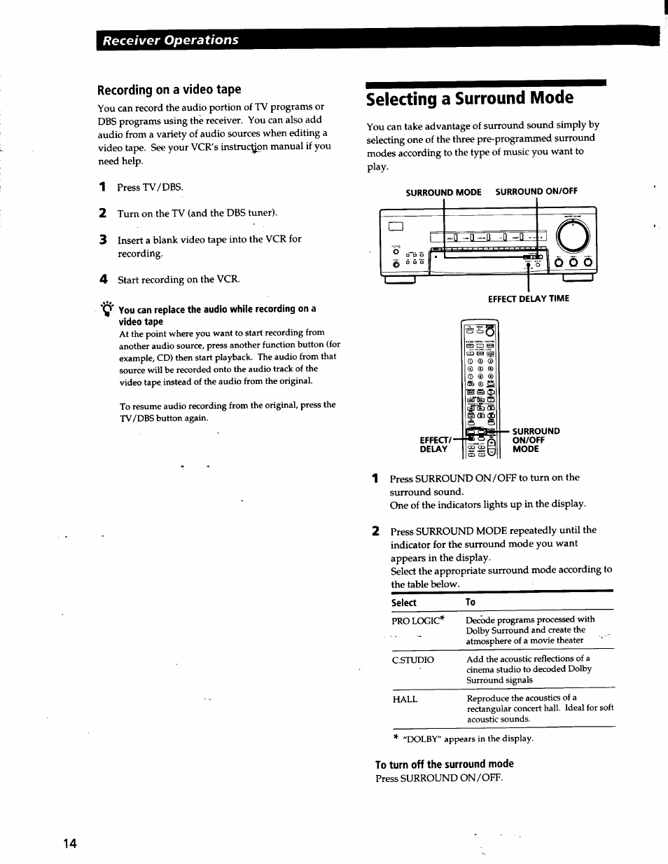 Recording on a video tape, Selecting a surround mode, Receiver operations | Sony STR-V200 User Manual | Page 13 / 23