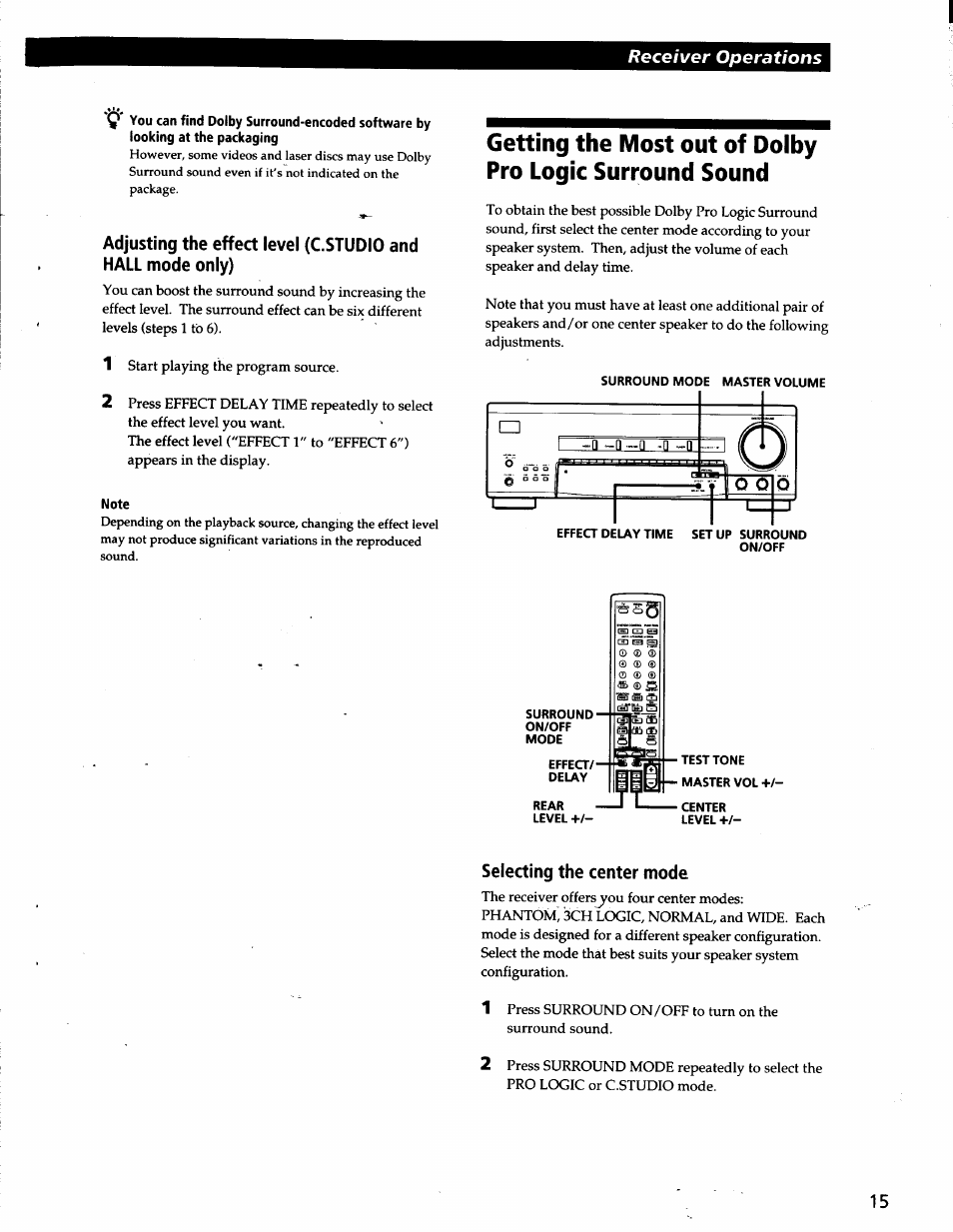 Note, Selecting the center mode, Receiver operations | Sony STR-V200 User Manual | Page 14 / 23