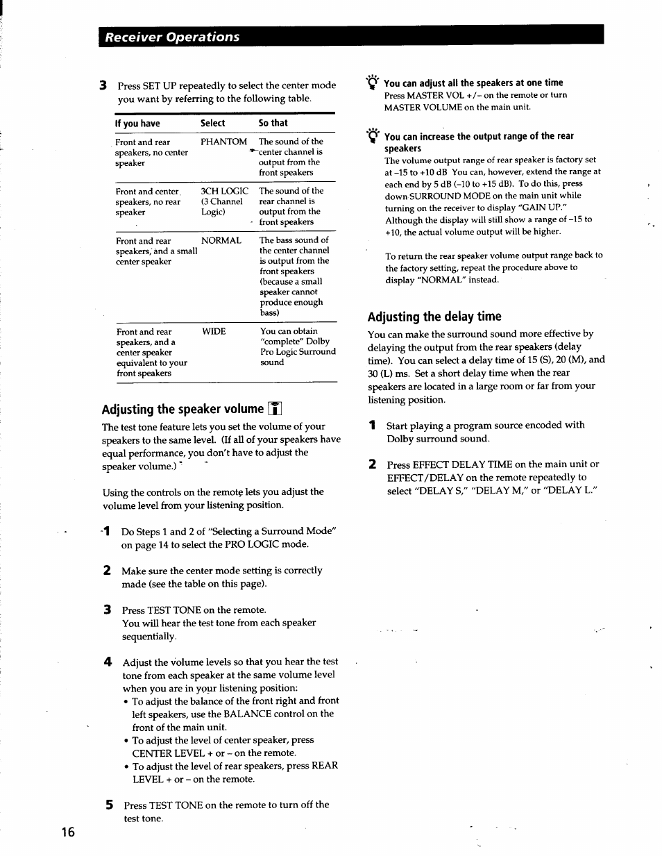 Adjusting the speaker volume, Q' you can adjust all the speakers at one time, Adjusting the delay time | Receiver operations | Sony STR-V200 User Manual | Page 15 / 23