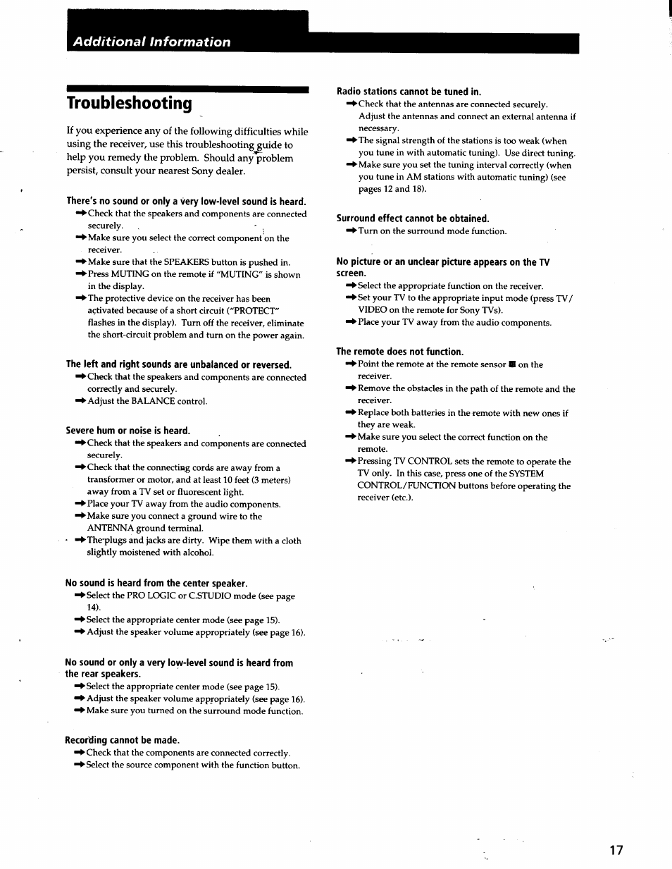 Troubleshooting, Severe hum or noise is heard, Radio stations cannot be tuned in | Surround effect cannot be obtained, No picture or an unclear picture appears on the tv, Screen, The remote does not function, No sound is heard from the center speaker, Recording cannot be made | Sony STR-V200 User Manual | Page 16 / 23