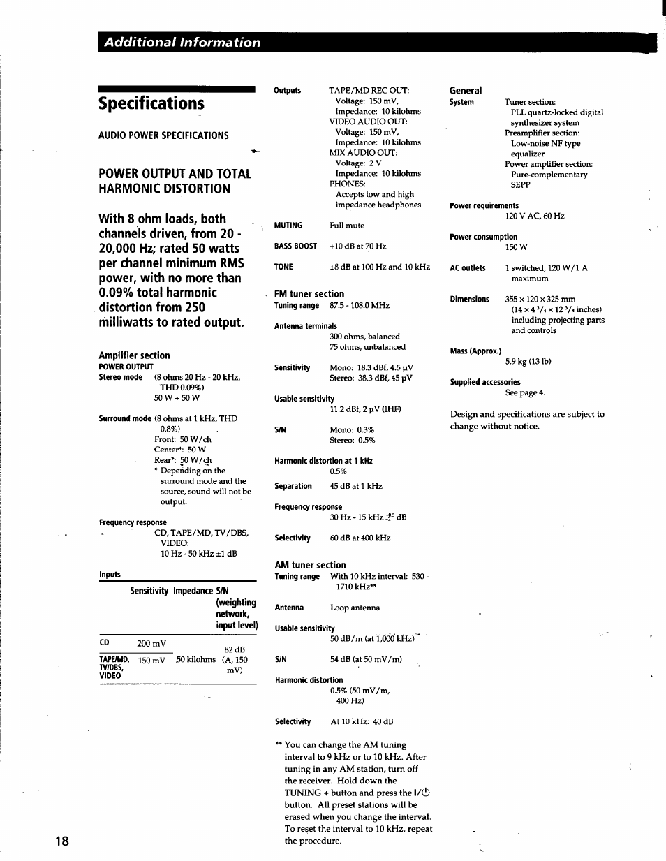 Specifications, Audio power specifications, Amplifier section | Power output, Frequency response, Inputs, Sensitivity impedance s/n, Weighting network, input level), Fm tuner section, Antenna terminals | Sony STR-V200 User Manual | Page 17 / 23