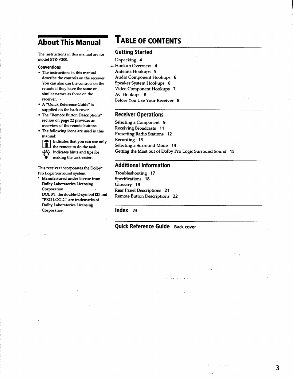 About this manual table of contents, Conventions, Getting started | Additional information, Index 23, Quick reference guide back cover, About this manual t, Of contents, Able | Sony STR-V200 User Manual | Page 2 / 23